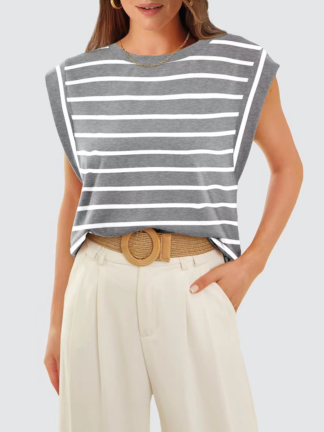 (S-2X) Happiest Here Striped Round Neck Cap Sleeve T-Shirt (Multiple Colors)