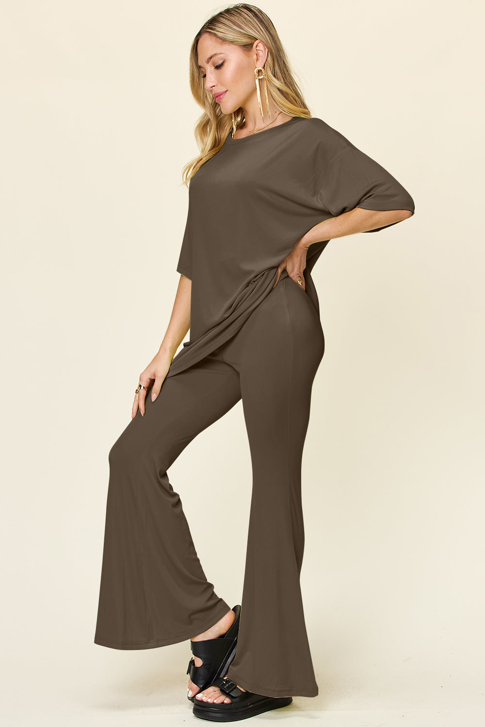 Enter The Chill Zone Round Neck Drop Shoulder T-Shirt and Flare Pants Set (Multiple Colors) - BP