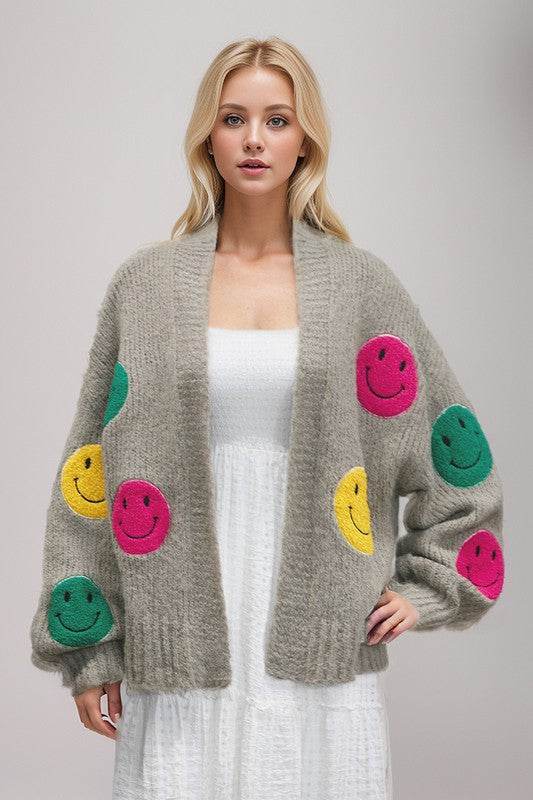 Keep Me Happy Fuzzy Smile Long Bell Sleeve Knit Cardigan