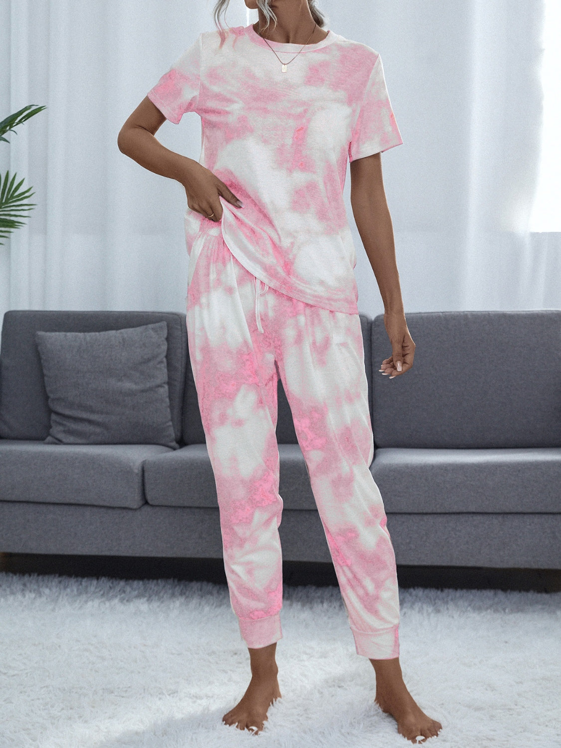 Slumber Parties Tie-Dye Round Neck Short Sleeve Top and Pants - BP