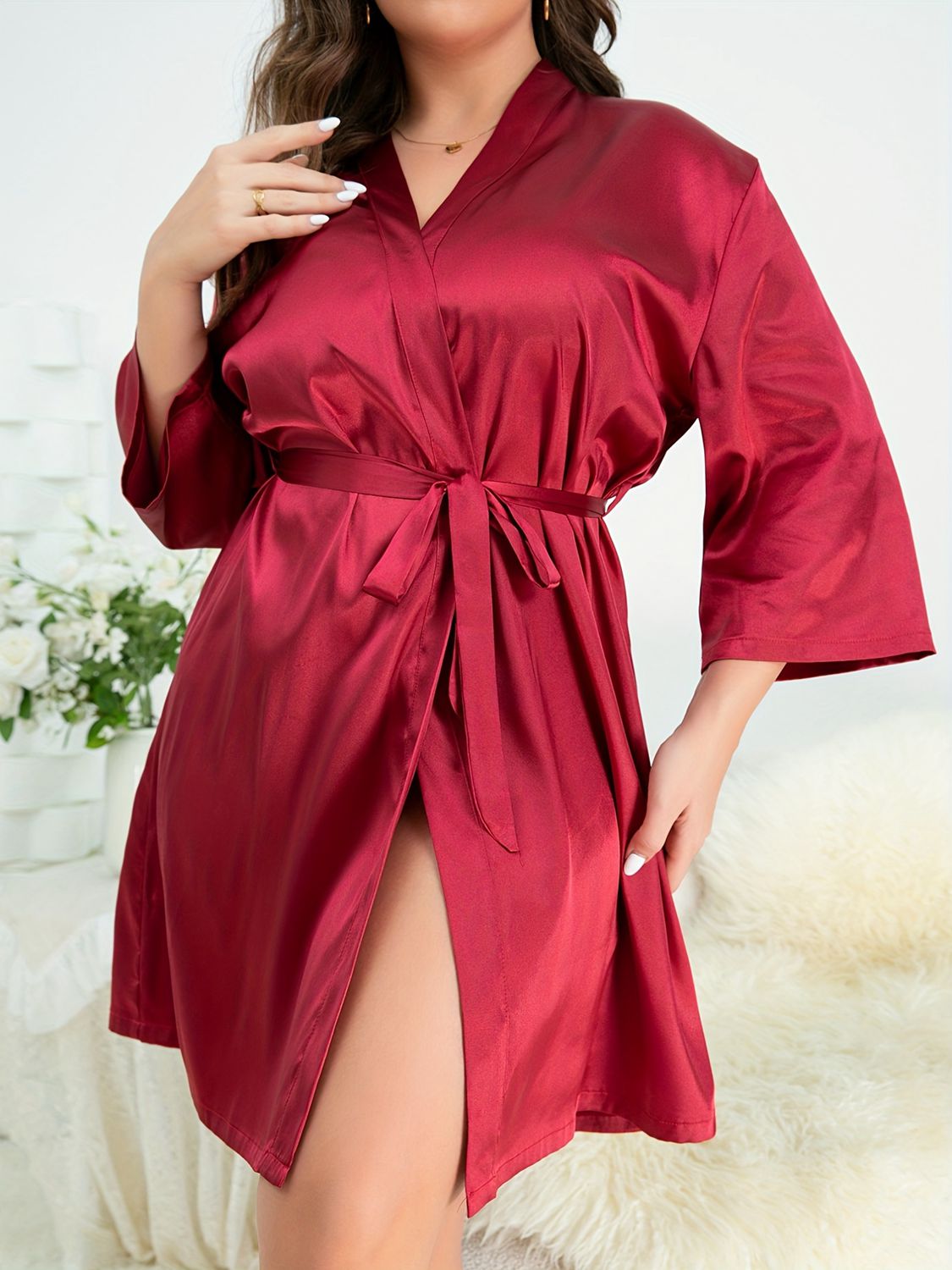 (1X-5X) Sassy Date Nights Surplice Neck Tie Waist Robe (Multiple Colors) - BP