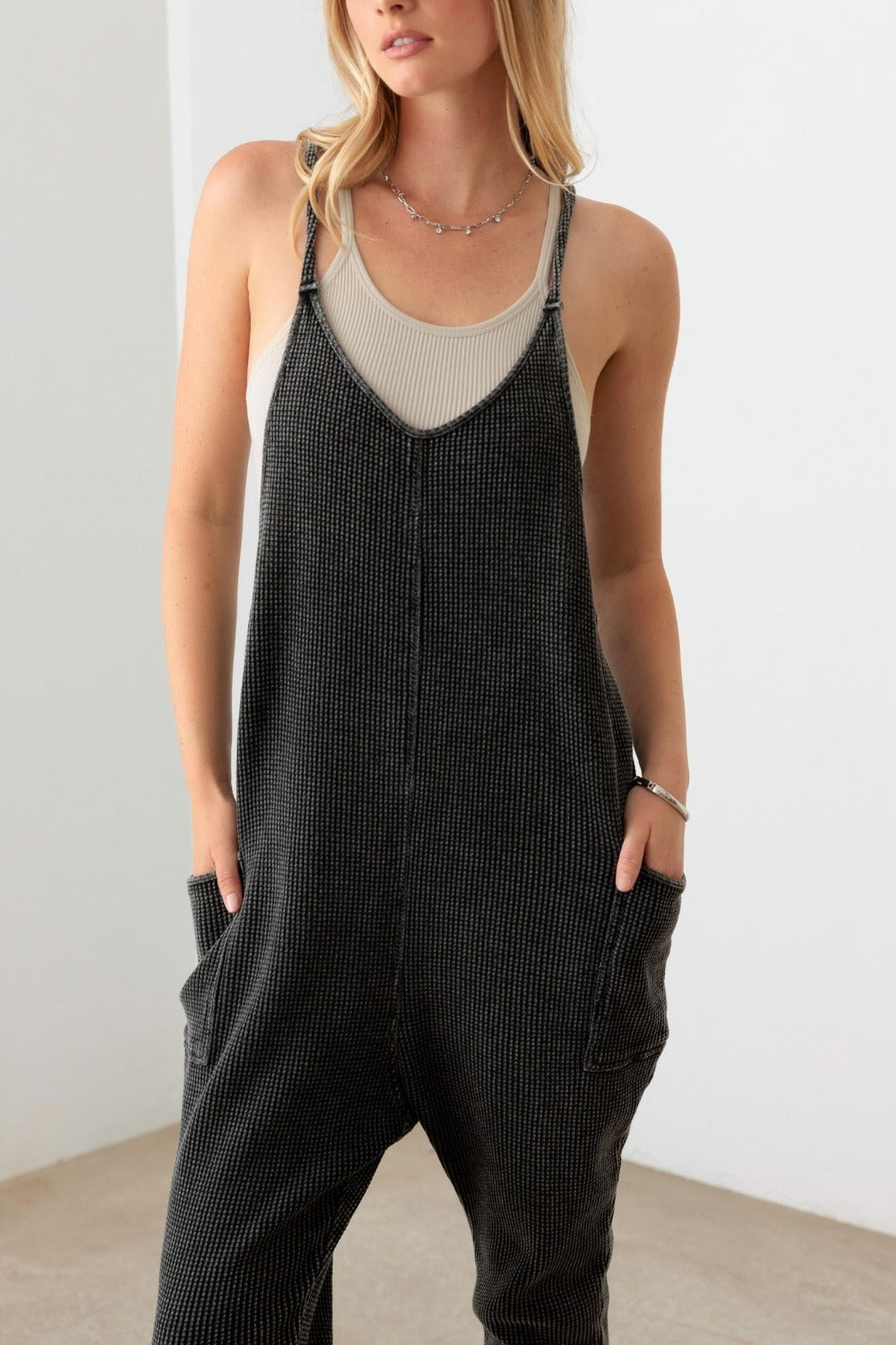 Could You Be Any Cuter Waffle Knit Side Pocket Jumpsuit (Le Lis)