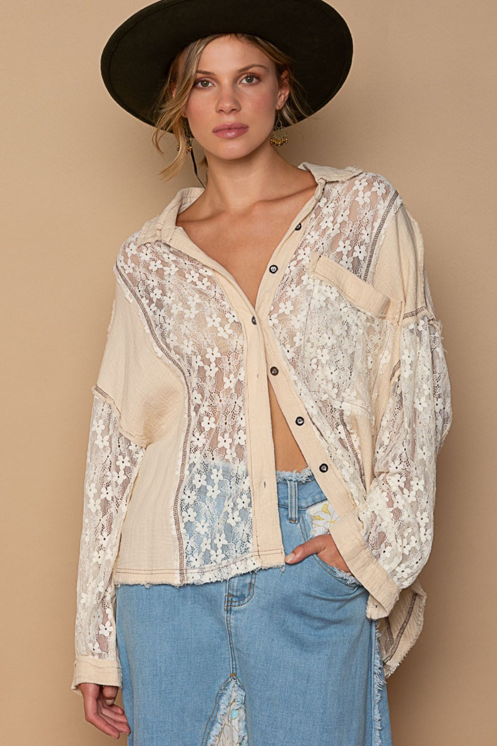 True Optimism Oversized Lace Button-Down Shirt (POL)