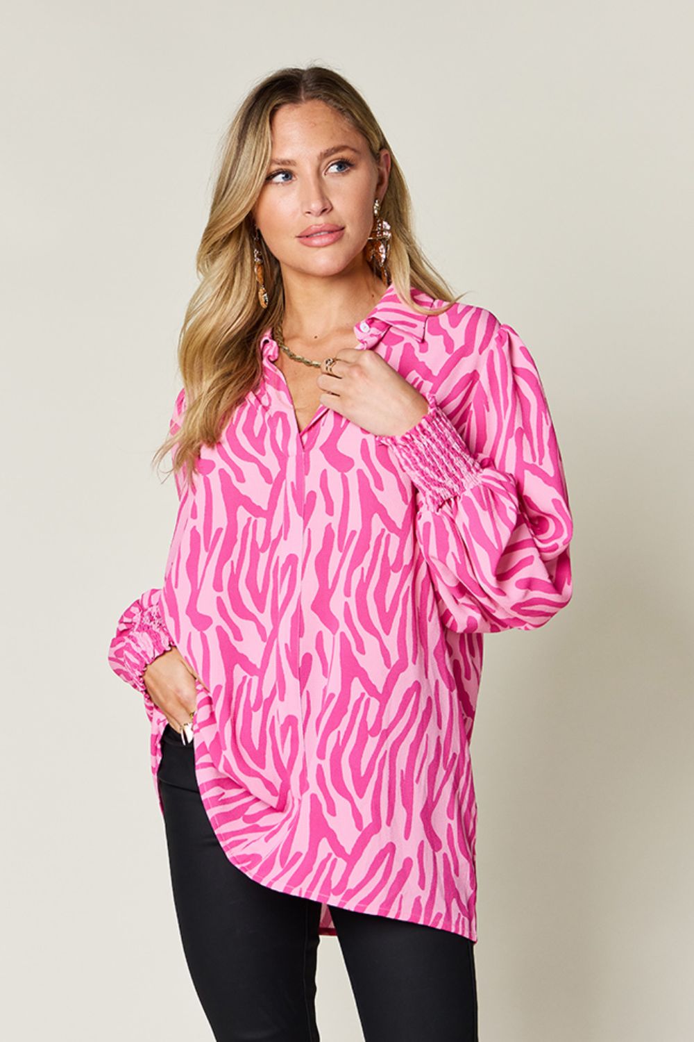 (S-3X) Stating My Opinion Printed Smocked Long Sleeve Blouse (Multiple Colors) - BP