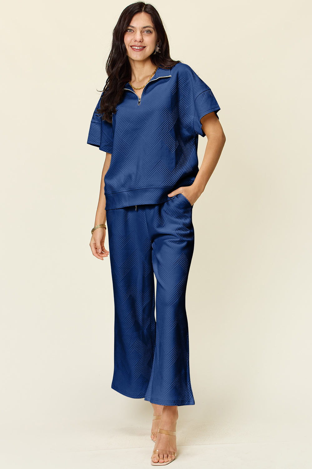 Trying Again Texture Half Zip Short Sleeve Top and Pants Set (Multiple Colors) - BP