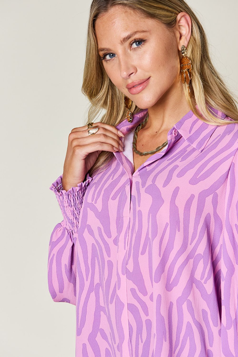 (S-3X) Stating My Opinion Printed Smocked Long Sleeve Blouse (Multiple Colors) - BP