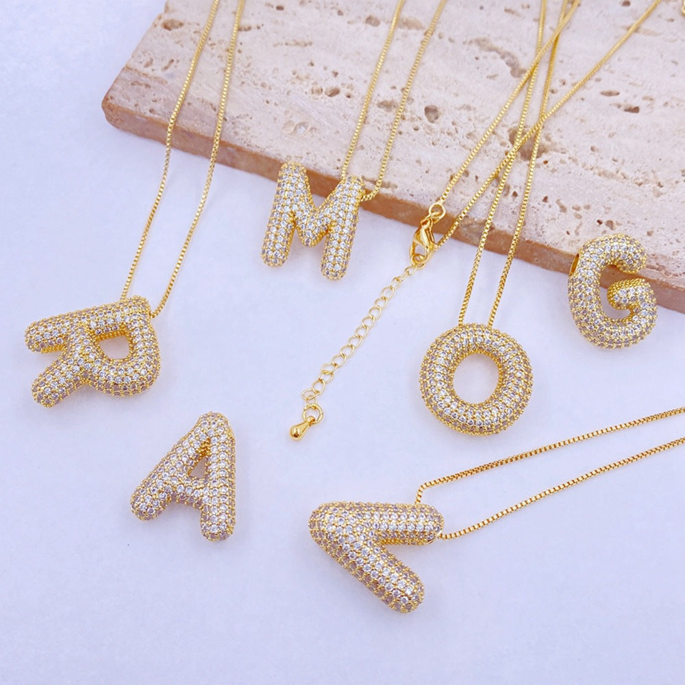 (A-K) Hi, My Name Is Inlaid Zircon Bubble Initial Necklace