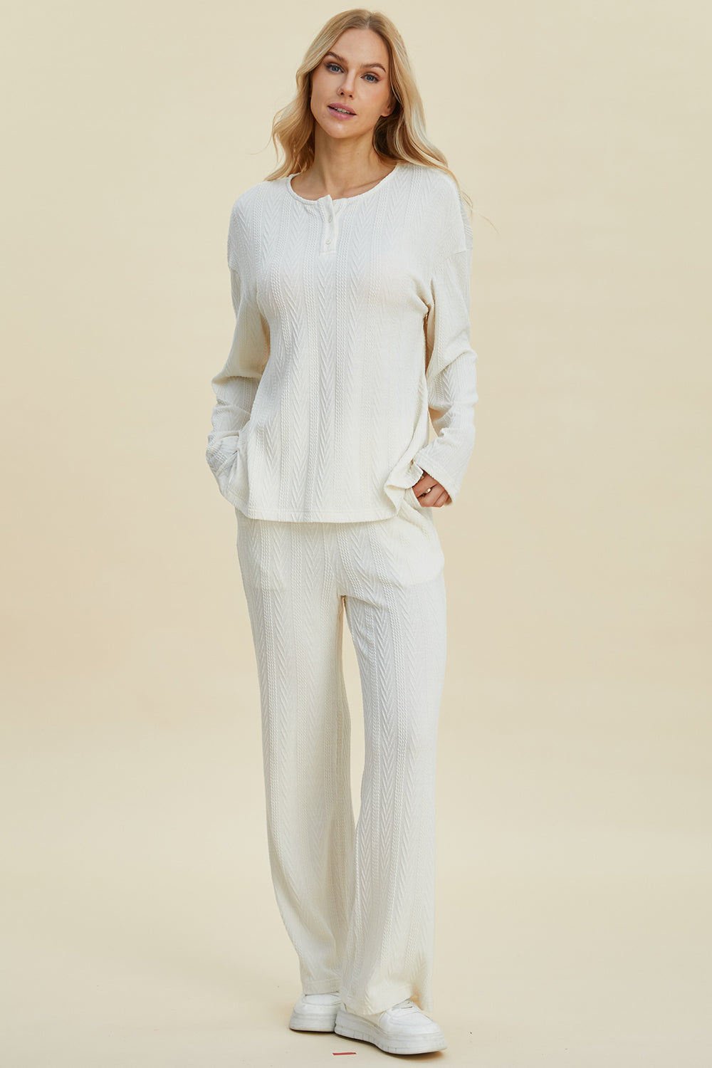 (S-3X /Multiple Colors) Trust Me Double Take Cable-Knit Long Sleeve Top and Pants Set