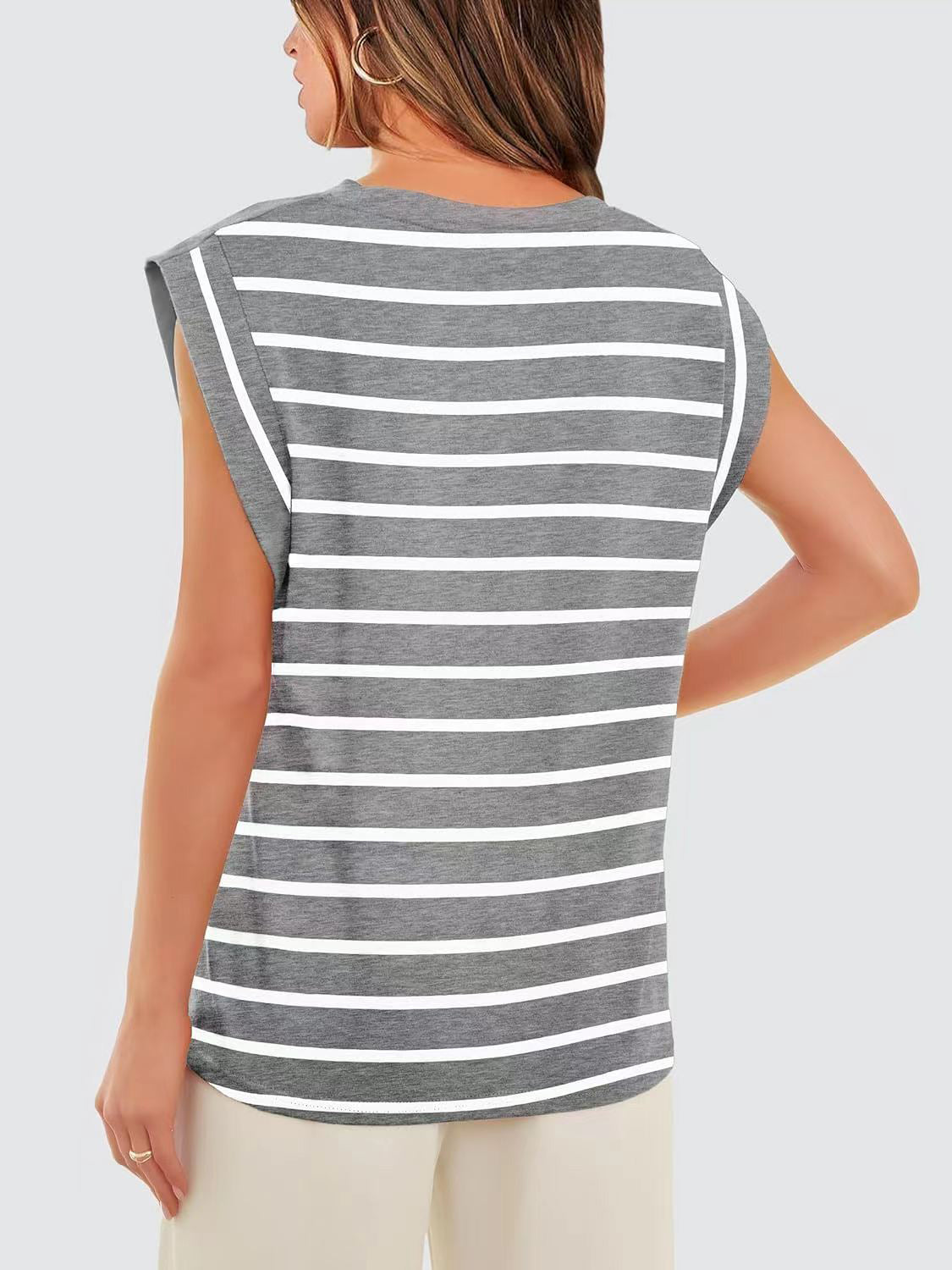 (S-2X) Happiest Here Striped Round Neck Cap Sleeve T-Shirt (Multiple Colors)