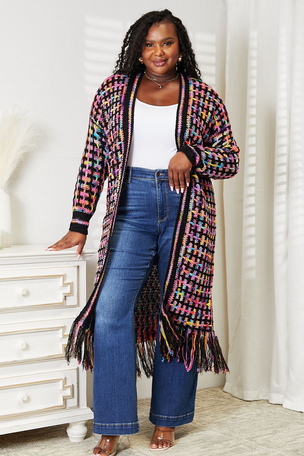 Color My Soul Full Size Multicolored Open Front Fringe Hem Cardigan - BP