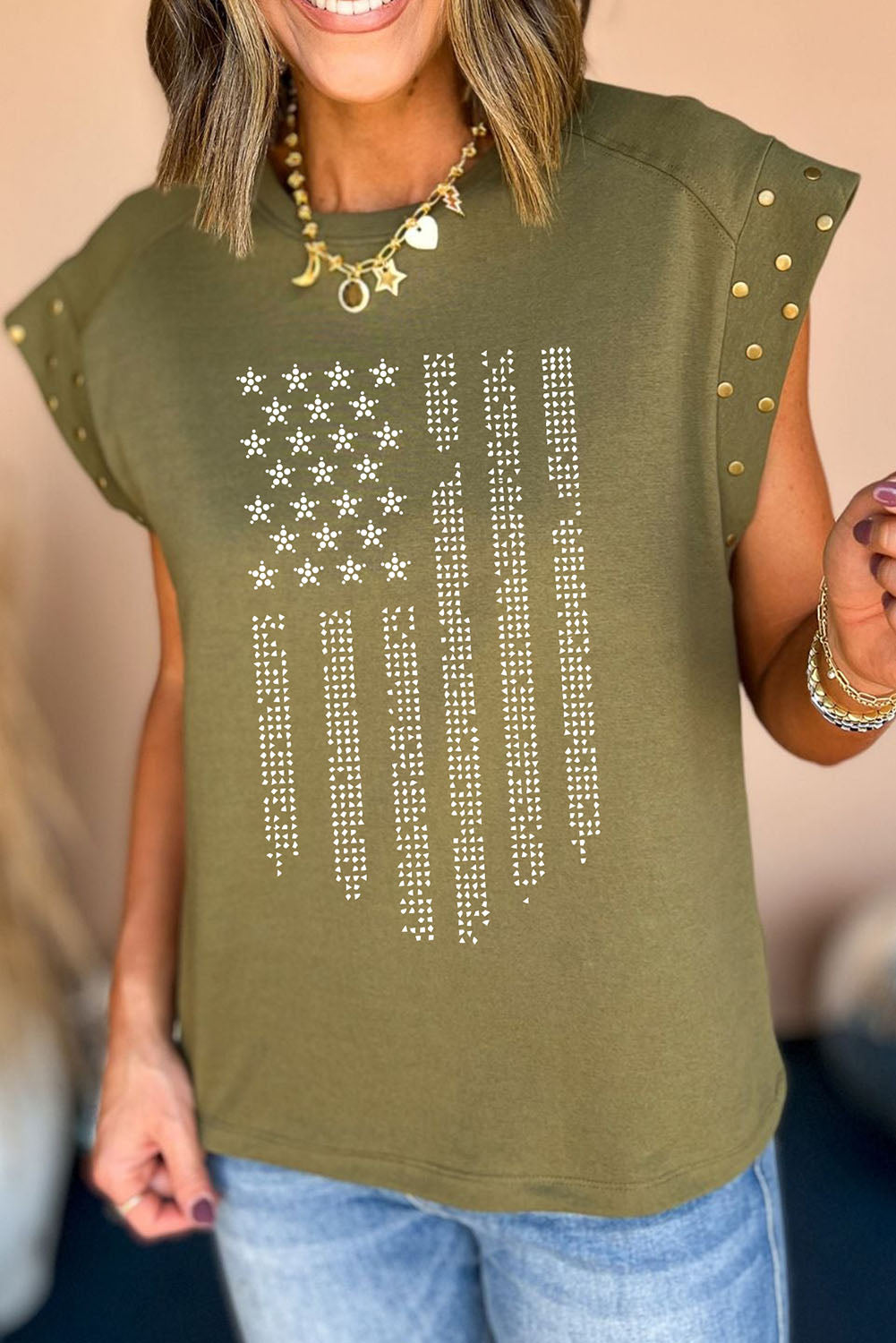 Let Your Shine Out Rhinestone US Flag Round Neck Cap Sleeve T-Shirt