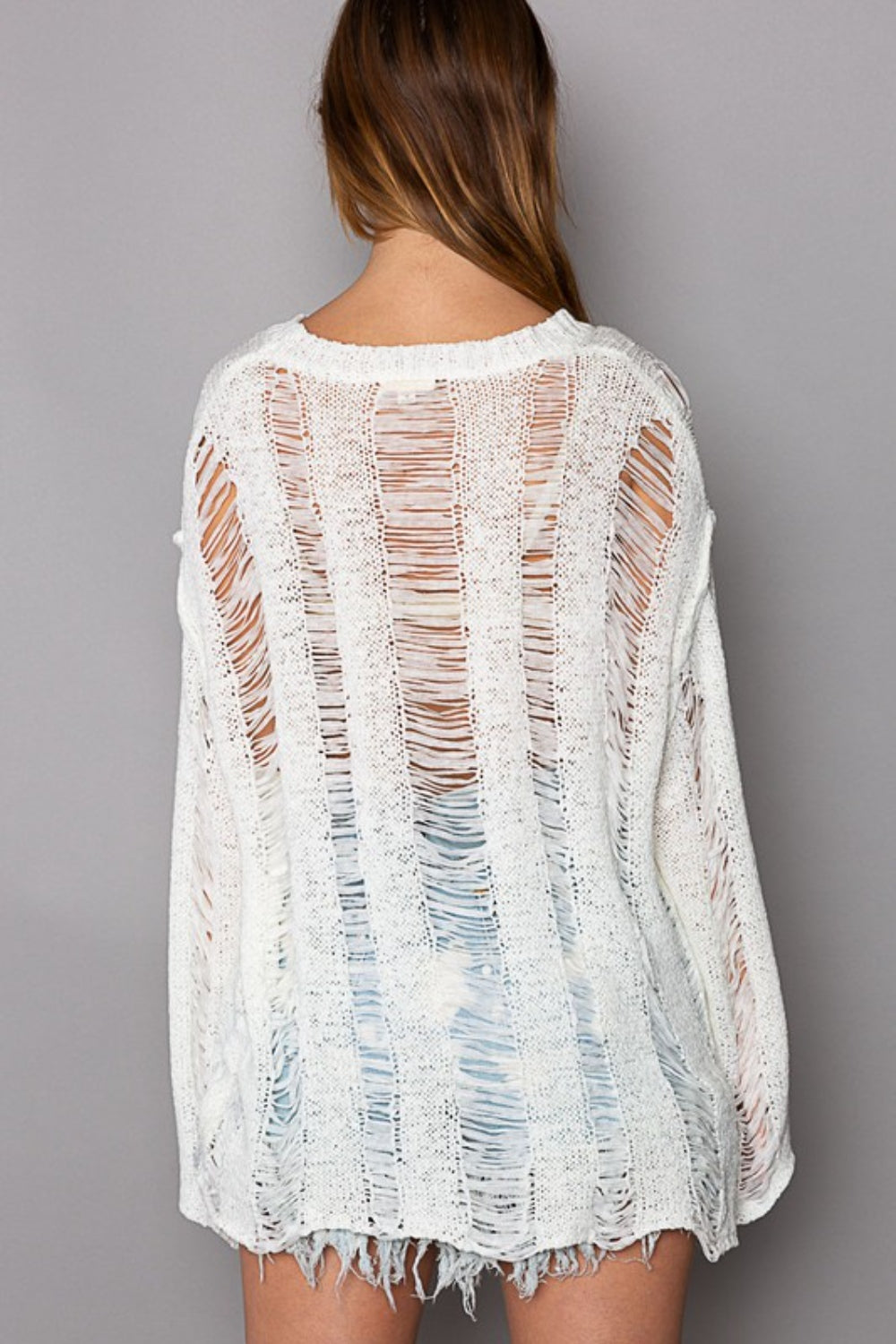 POL Distressed Round Neck Long Sleeve Knit Cover Up - BP