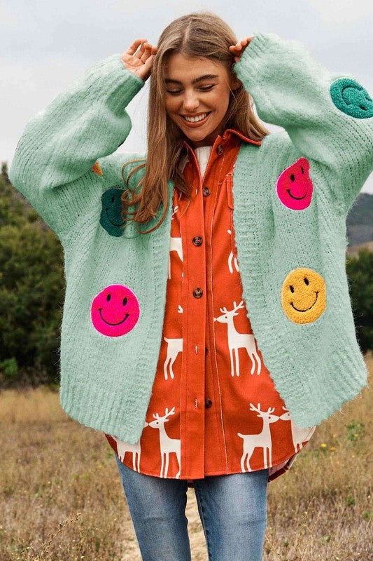 Keep Me Happy Fuzzy Smile Long Bell Sleeve Knit Cardigan