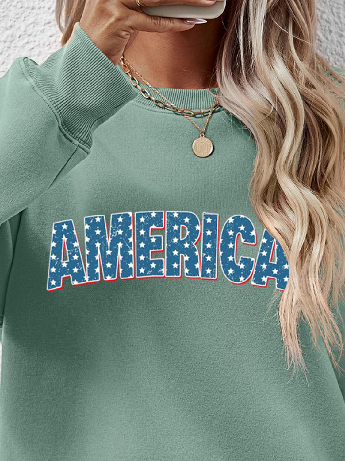 Proud To Be Here AMERICA Round Neck Dropped Shoulder Sweatshirt