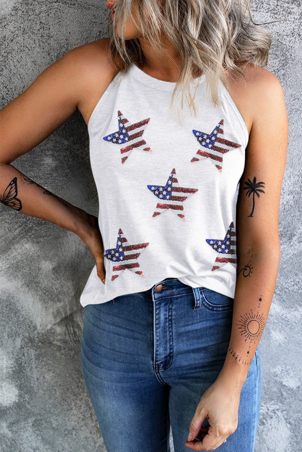 Sequin US Flag Star Grecian Neck Tank