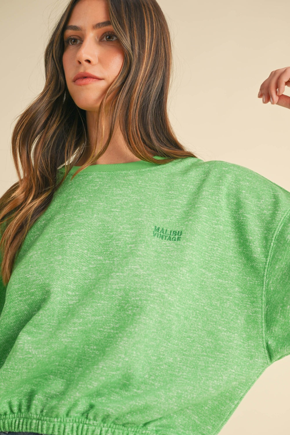 Lime Time Mable Round Neck Letter Embroidery Crop Sweatshirt