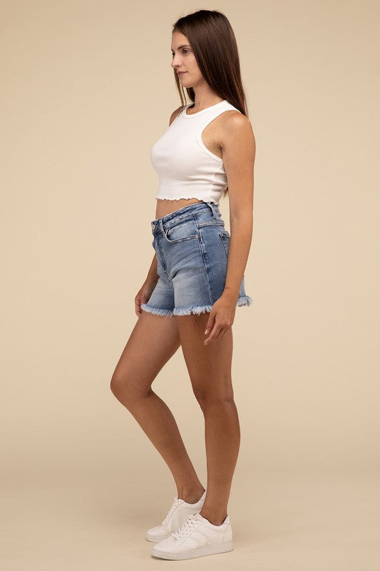 Heather Mid Rise Raw Frayed Hem Denim Shorts