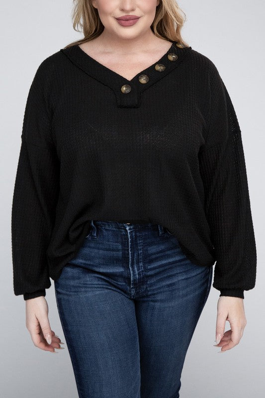 CURVY - Brushed Waffle V-Neck Button Detail Sweater (MULTIPLE COLORS) - BP
