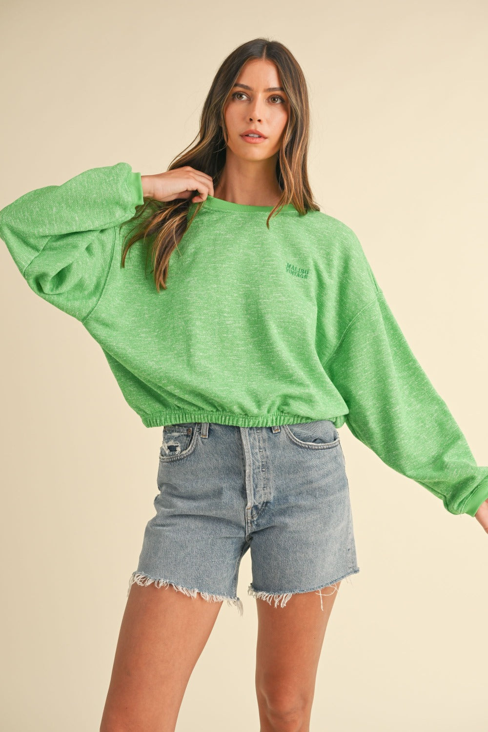 Lime Time Mable Round Neck Letter Embroidery Crop Sweatshirt