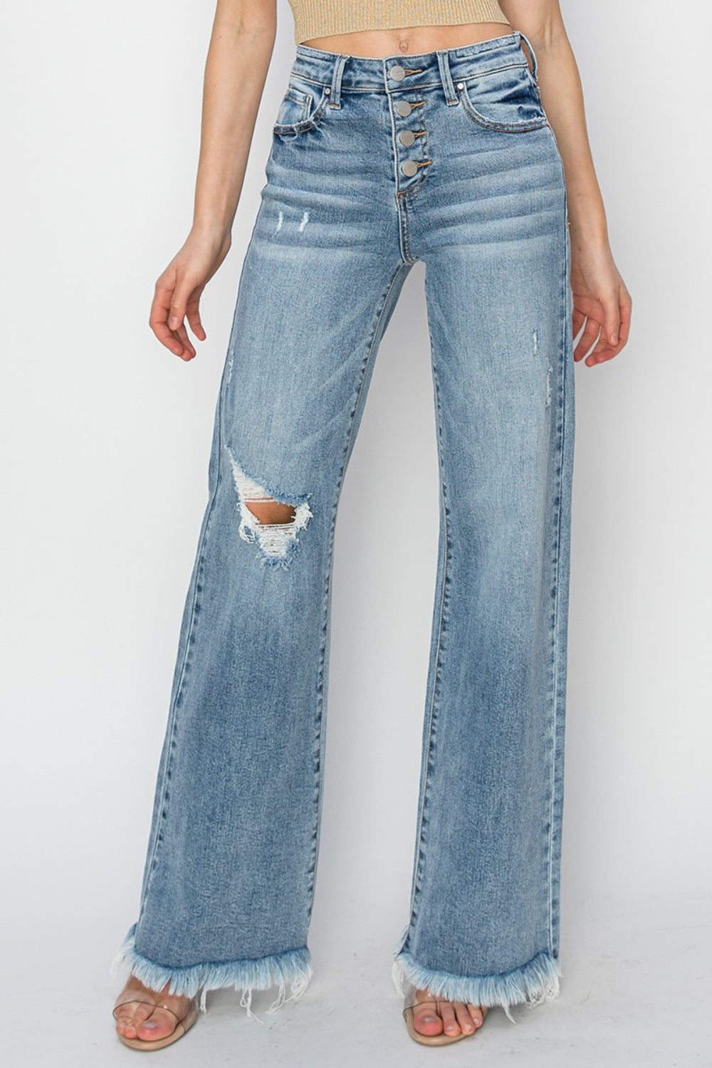 RISEN Gemma Mid Rise Button Fly Wide Leg Jeans - BP