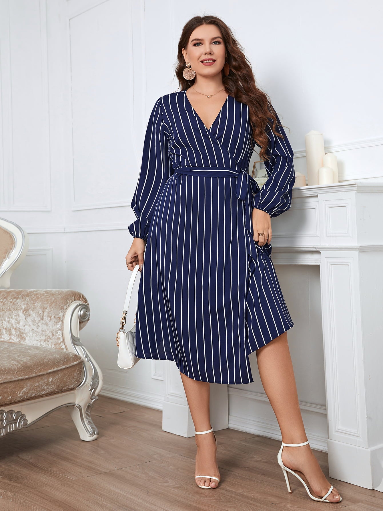 (1X-4X) Wicked Fun Melo Apparel Striped Surplice Neck Long Sleeve Dress