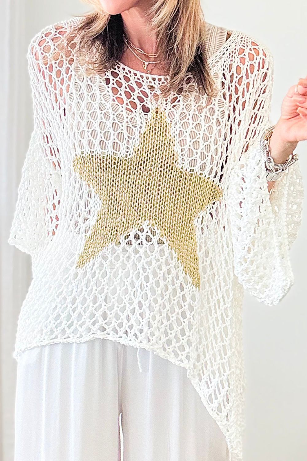 Star Of Charm Openwork Star Boat Neck Knit Cover Up (Multiple Colors)