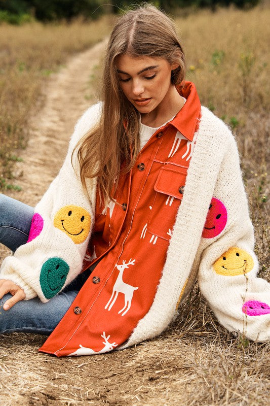 Keep Me Happy Fuzzy Smile Long Bell Sleeve Knit Cardigan