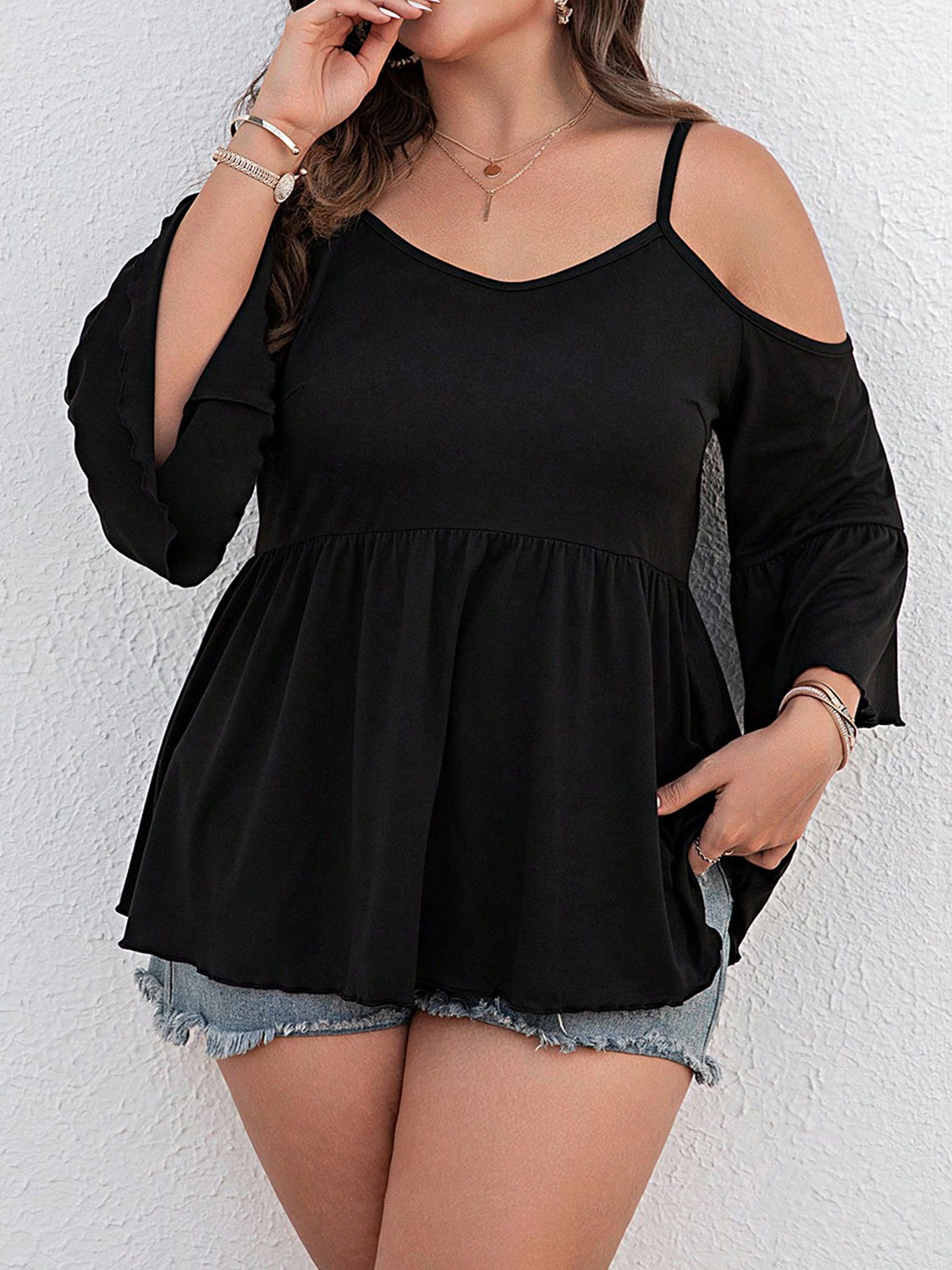 (1X-3X) Unique Perspective Cold Shoulder Flounce Sleeve Blouse - BP