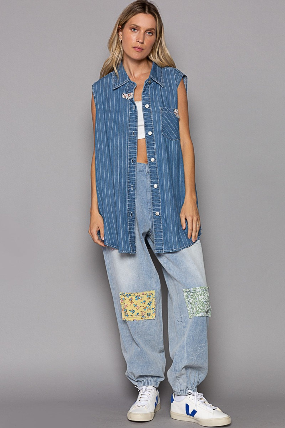 Say Hello To My Little Friend (POL) Button Down Sleeveless Striped Denim Shirt