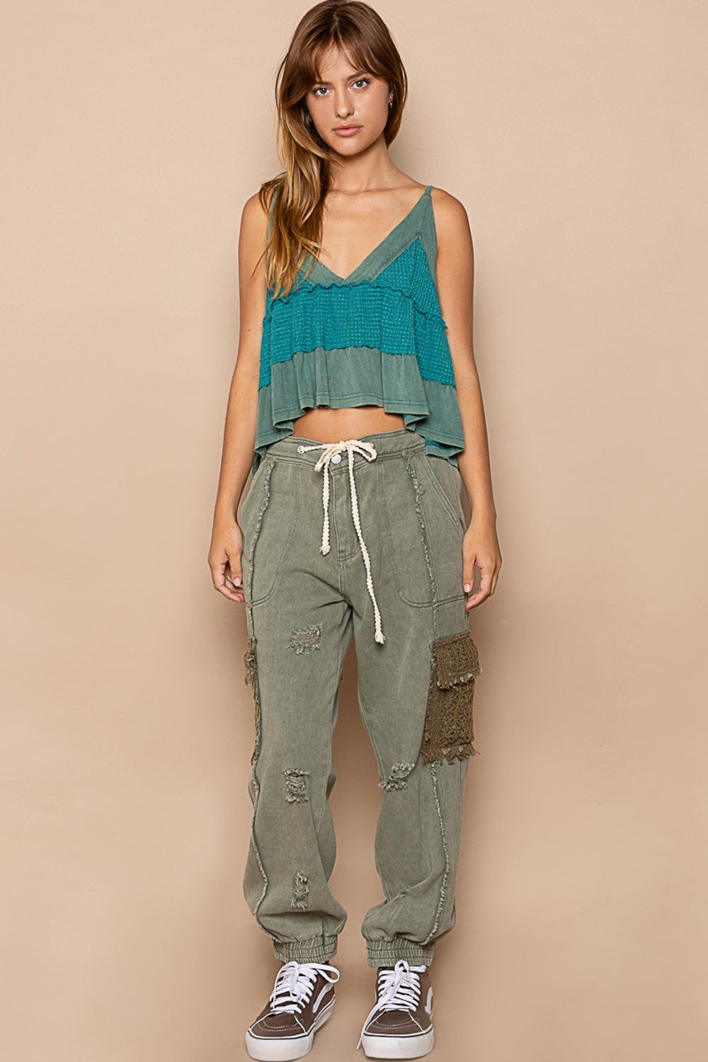 Jumping Jupiter (POL) Distressed Cargo Denim Jogger with Crochet Pockets