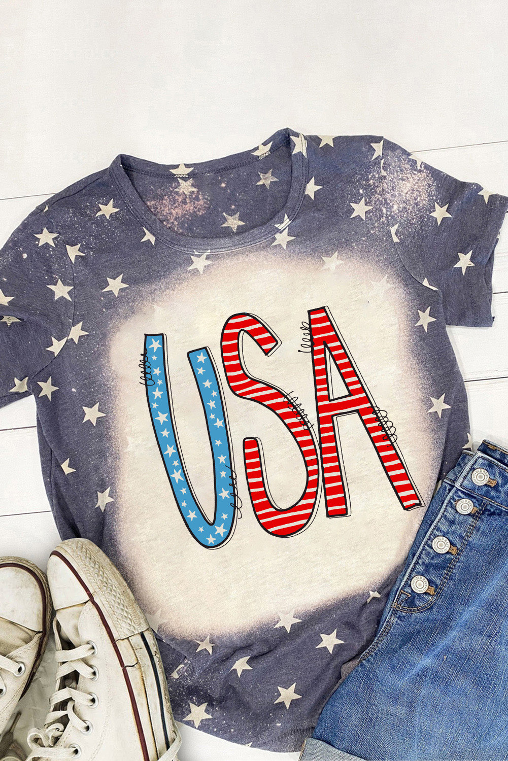 Stars and Stripes USA Round Neck Short Sleeve T-Shirt