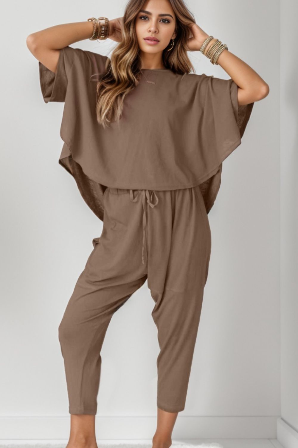 Clear The Air Round Neck Dropped Shoulder Top and Pants Set - BP