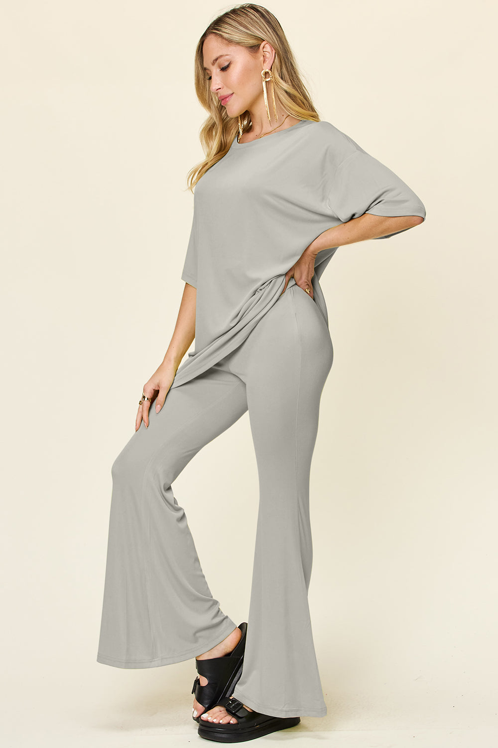 Enter The Chill Zone Round Neck Drop Shoulder T-Shirt and Flare Pants Set (Multiple Colors) - BP