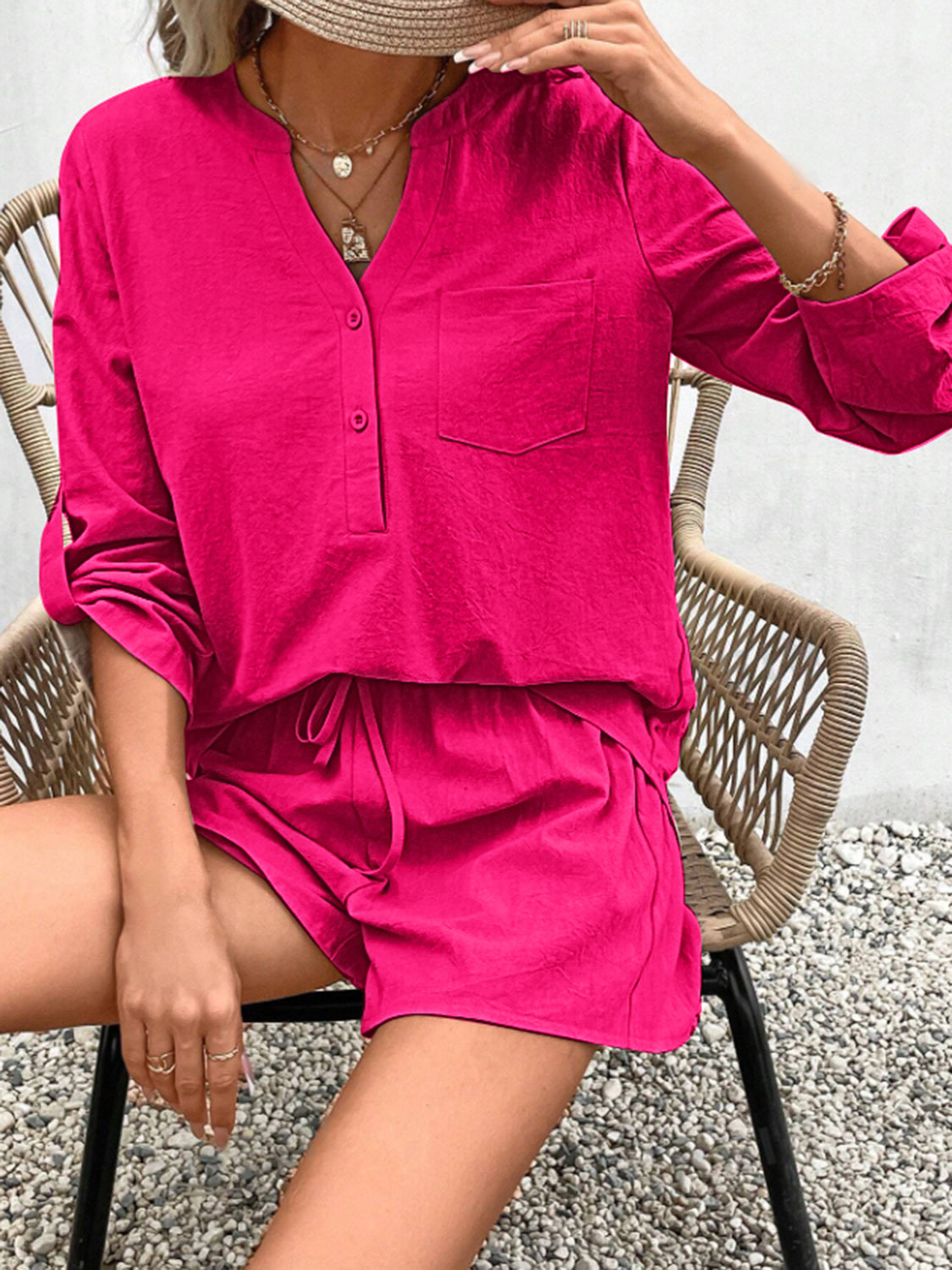 Just The Truth Notched Long Sleeve Top and Shorts Set (Multiple Colors)