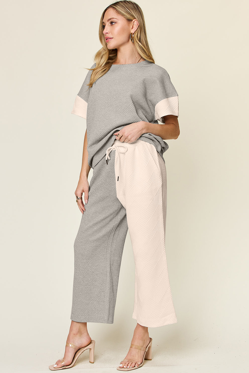 Block The Haters Double Take Full Size Texture Contrast T-Shirt and Wide Leg Pants Set