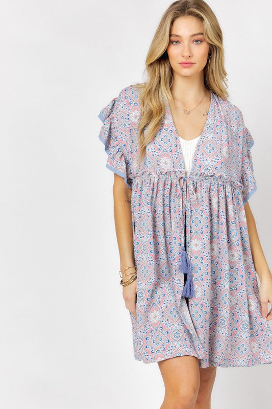 Cover Me In Daisies Printed Short Sleeve Ruffle Kimono (Davi & Dani)