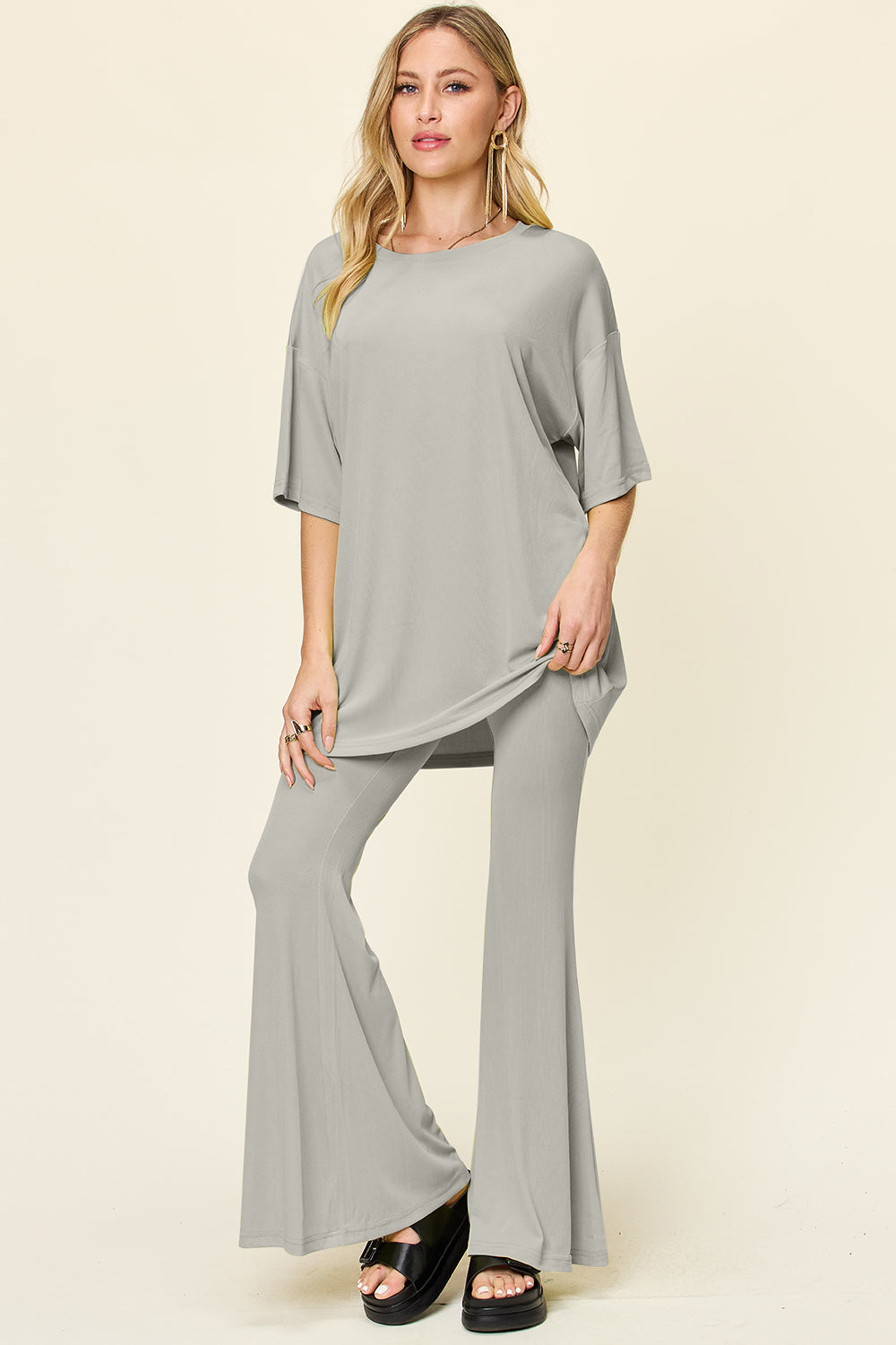 Enter The Chill Zone Round Neck Drop Shoulder T-Shirt and Flare Pants Set (Multiple Colors) - BP