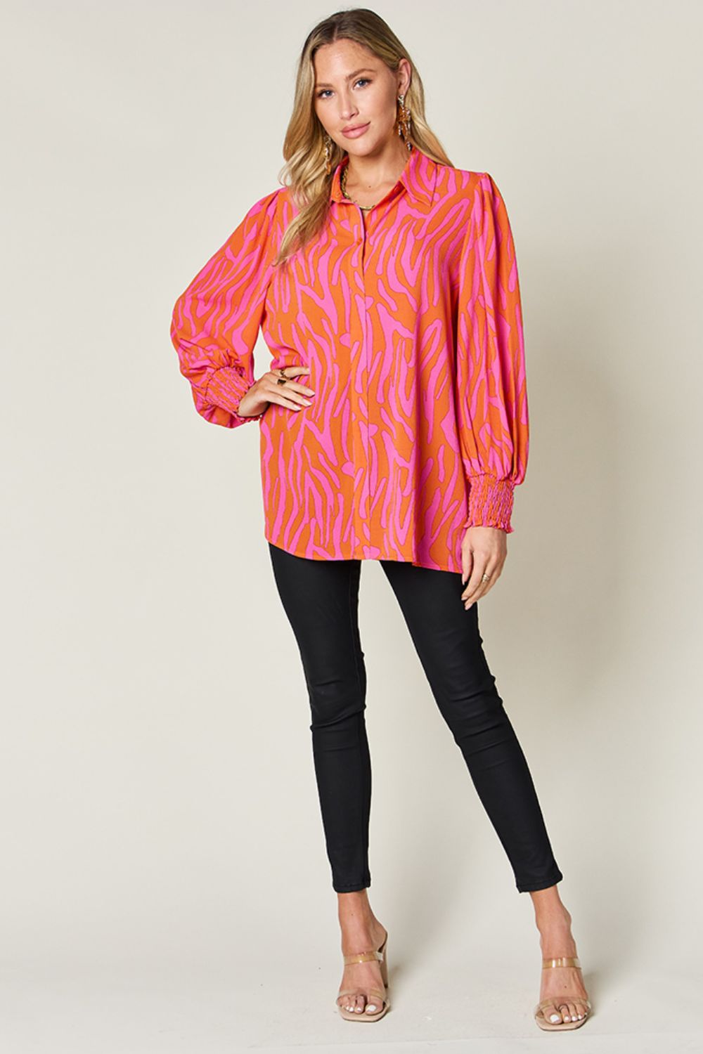 (S-3X) Stating My Opinion Printed Smocked Long Sleeve Blouse (Multiple Colors) - BP