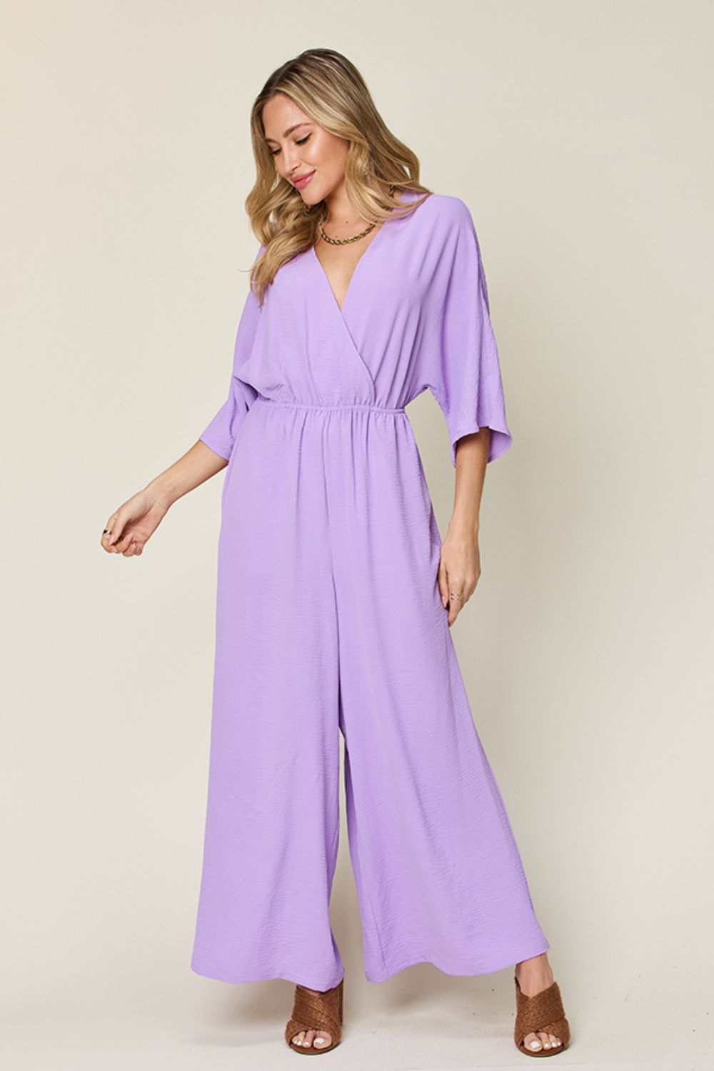 (S-3X) Stop & Stare Half Sleeve Wide Leg Jumpsuit (Double Take/Multiple Colors) - BP