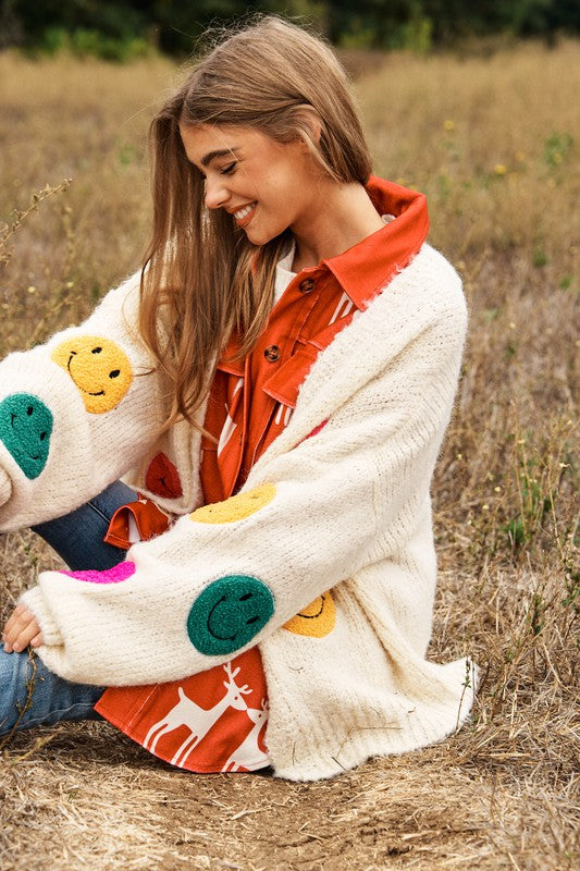 Keep Me Happy Fuzzy Smile Long Bell Sleeve Knit Cardigan