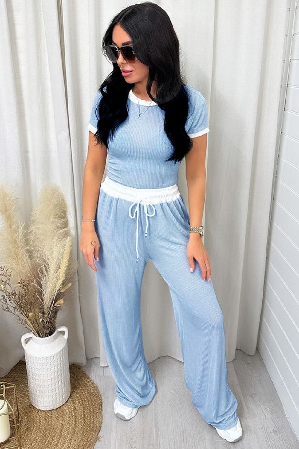 Loungin' In Life Contrast Trim Round Neck Top and Pants Set (Multiple Colors)