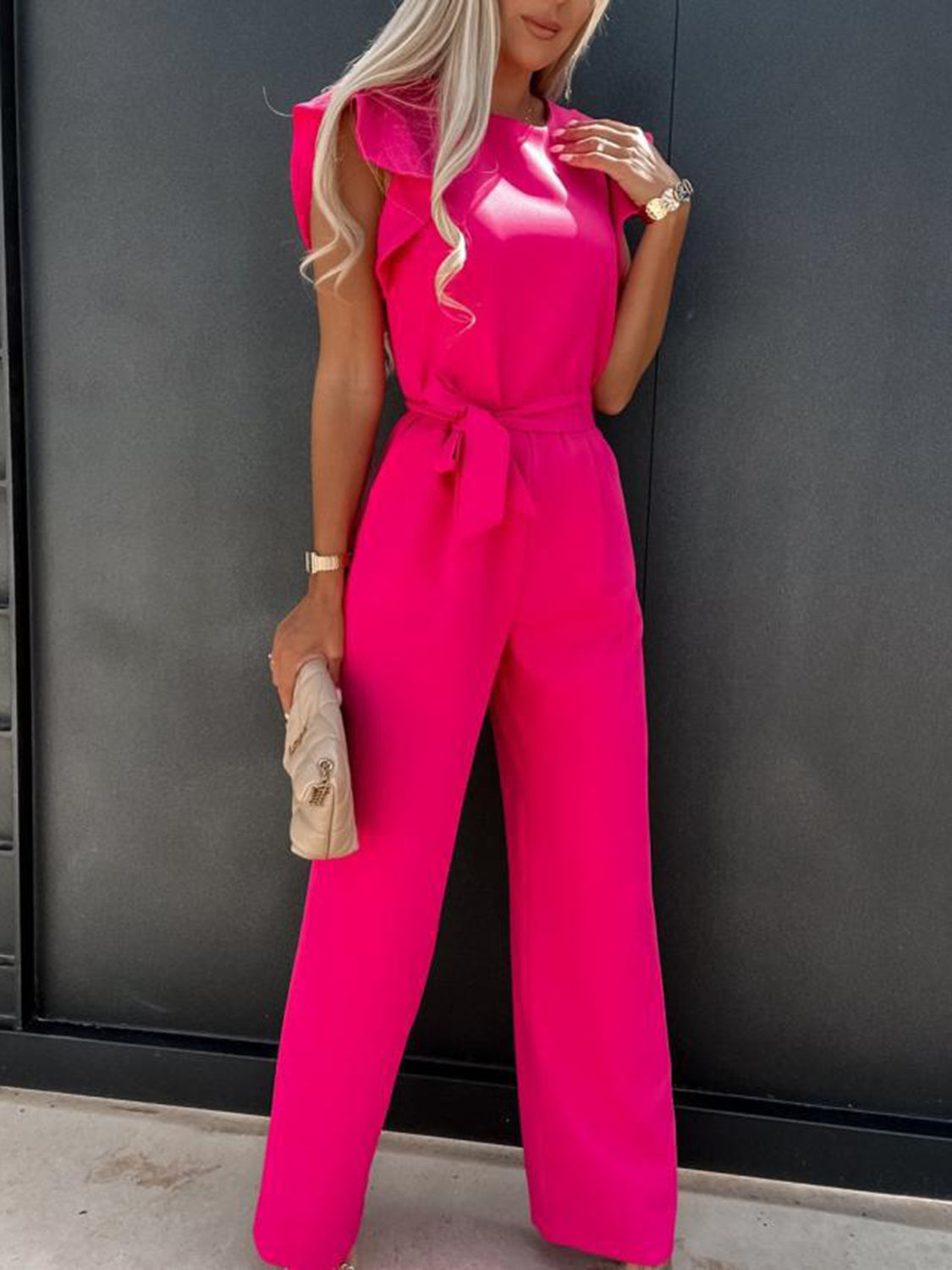 Gossip Queen Ruffled Round Neck Cap Sleeve Jumpsuit (Multiple Colors)