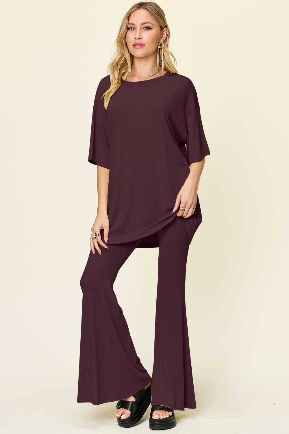 Enter The Chill Zone Round Neck Drop Shoulder T-Shirt and Flare Pants Set (Multiple Colors) - BP