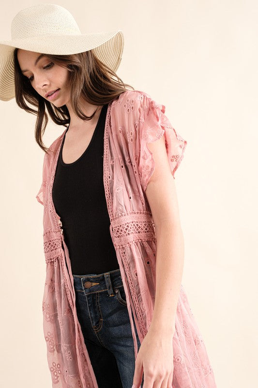 Reach For Me CHIFFON EMBROIDERY LACE KIMONO DUSTER CARDIGAN (Multiple Colors)