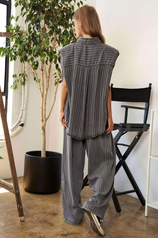 Slumber Party Stripe Button Down Shirt and Long Pants Set