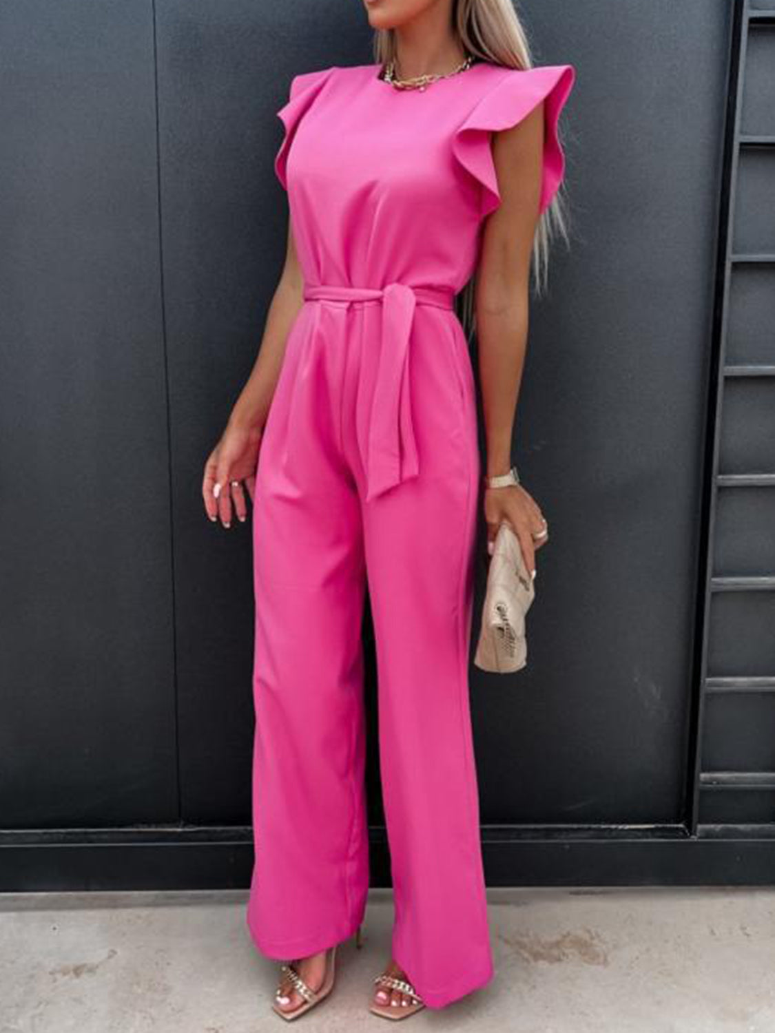 Gossip Queen Ruffled Round Neck Cap Sleeve Jumpsuit (Multiple Colors)