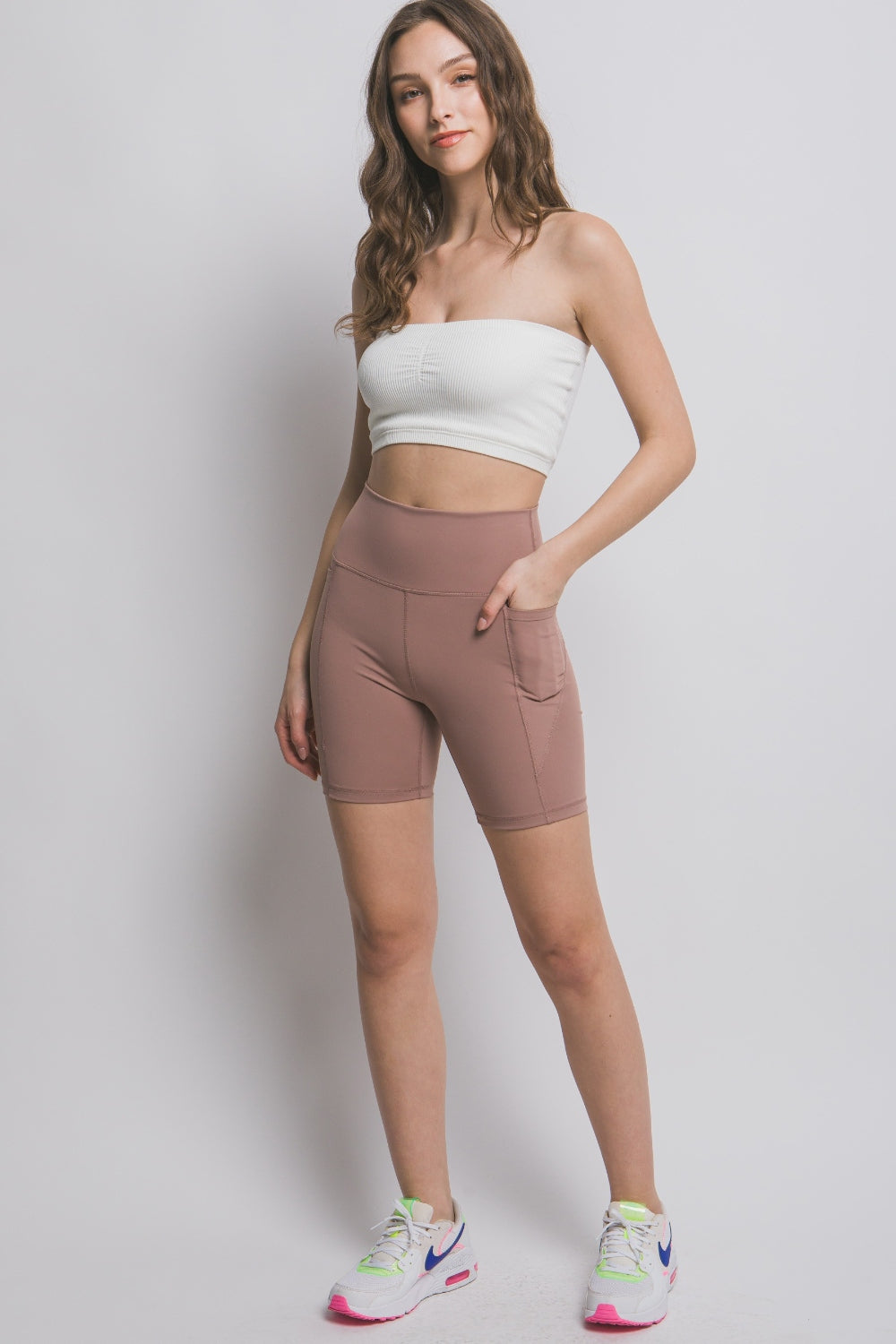 (Taupe) Race You There High Waist Seam Detail Active Shorts