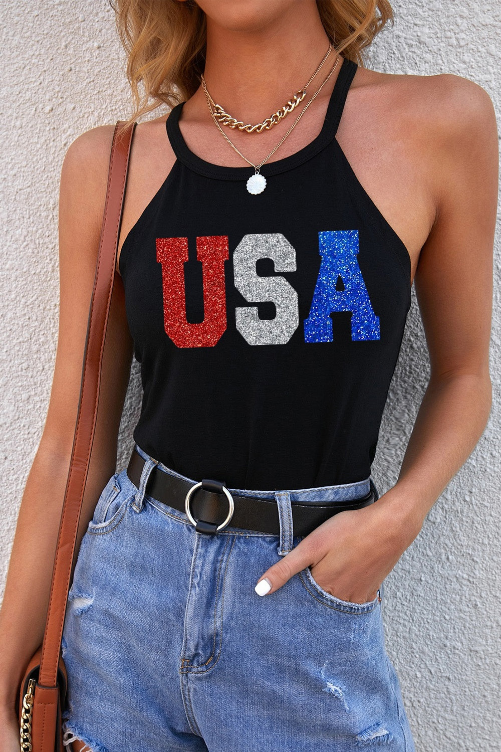 (S-2X) Stars Bursting USA Grecian Neck Cami