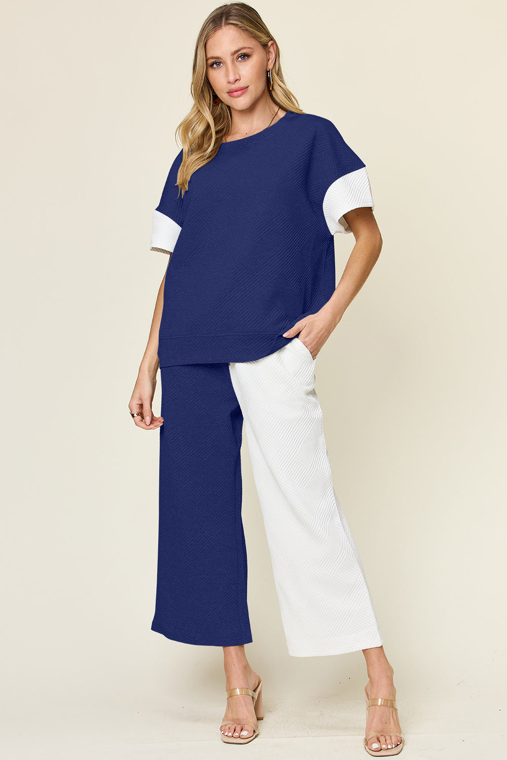 Block The Haters Double Take Full Size Texture Contrast T-Shirt and Wide Leg Pants Set