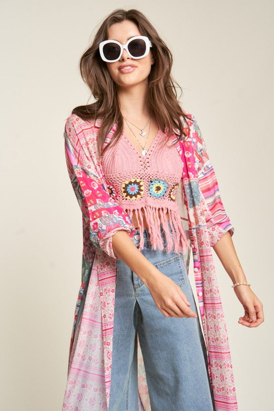 Sheer Satisfaction Mesh Print Mix Matched Button Front Cover Up (Davi & Dani)